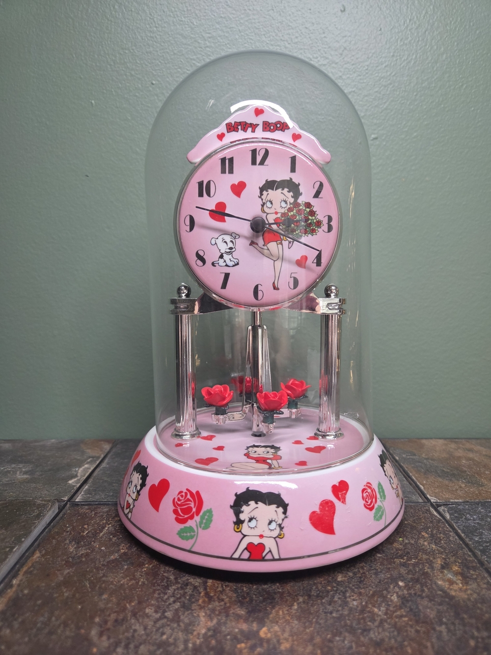 Betty Boop Pink Dome Anniversary Clock with Floral Pendulum